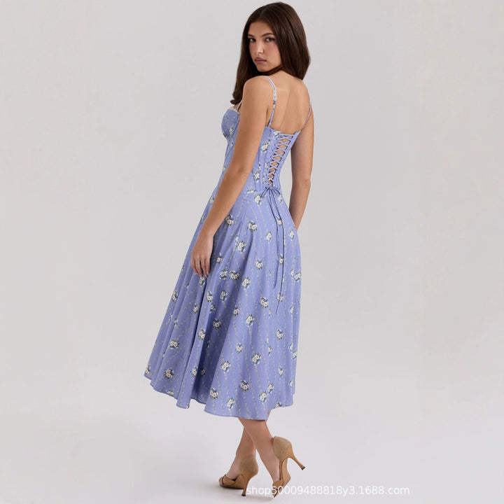 Damen Midi-Kleid mit floralem Design und feinen Spaghetti-Trägern Drune
