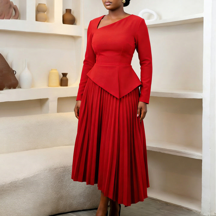 Damen Midi-Kleid mit eleganter asymmetrischer Silhouette und gefaltetem Rock Drune
