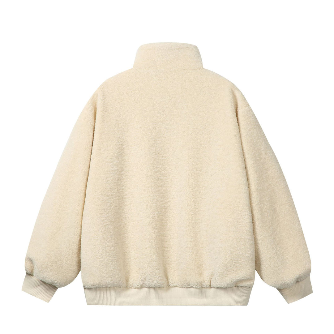 Unisex Sherpa‑Fleecejacke im Boxy‑Cut mit Stehkragen, Blockstreifen und Stickdetails Drune