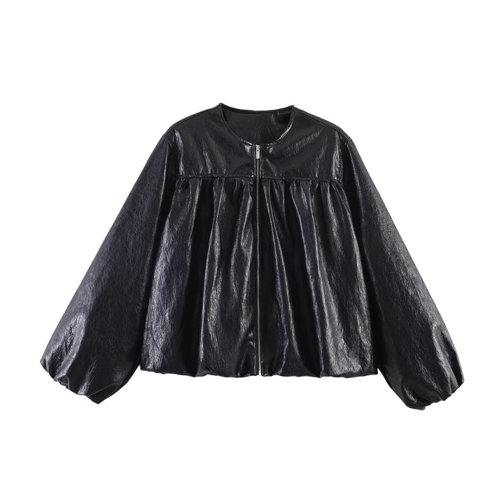 Damen Kurzjacke mit geraffter Passe, Rundhalsausschnitt und Ballonärmeln Drune