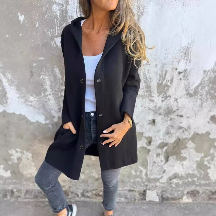 Damen nan Kapuzenmantel mittellanger Baumwollmix mit Druckknopfleiste und Eingrifftaschen Drune