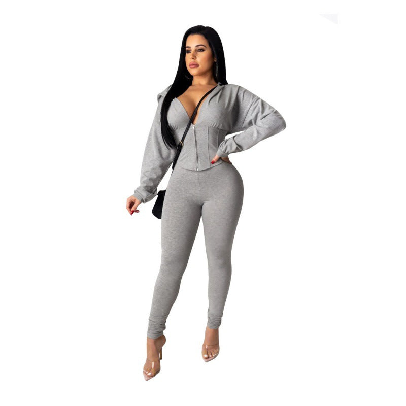 Damen Jumpsuit mit modischem Reißverschluss und sportlichem Crop-Top Drune
