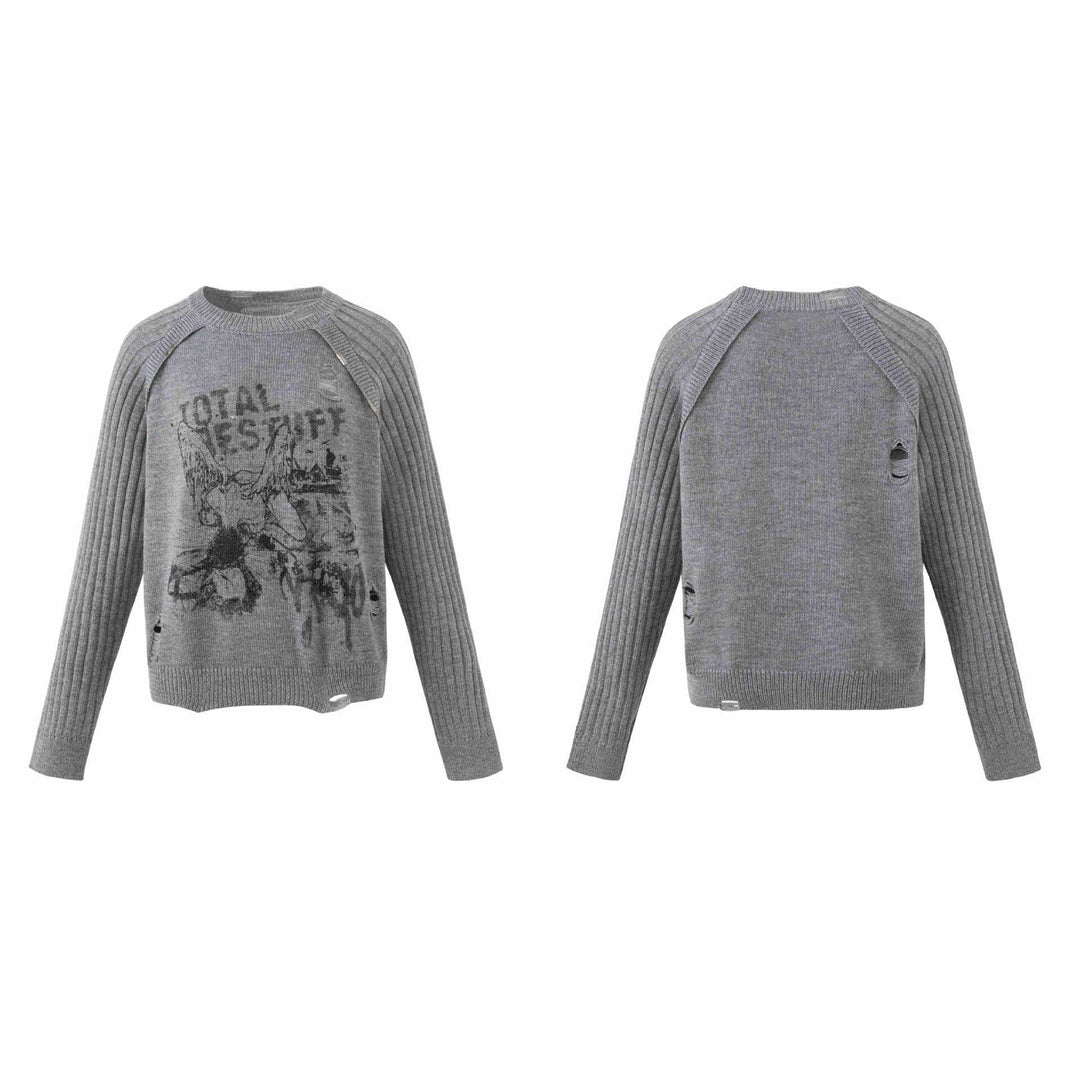 Damen Grobgestrickter Distressed Raglanpullover mit Retro-Grafikprint Drune