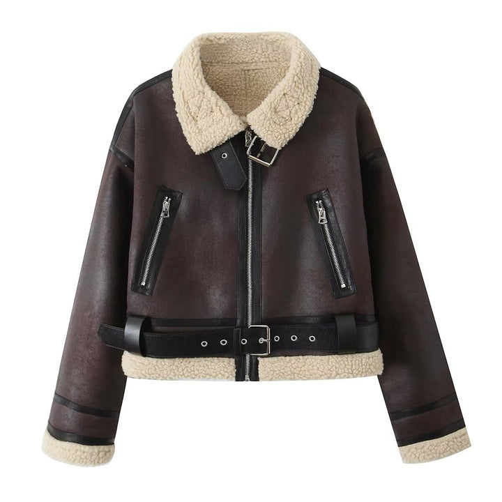 Damen Kurze Aviator‑Jacke aus Lederoptik mit Teddyfutter, Reißverschlusstaschen und Taillengürtel Drune