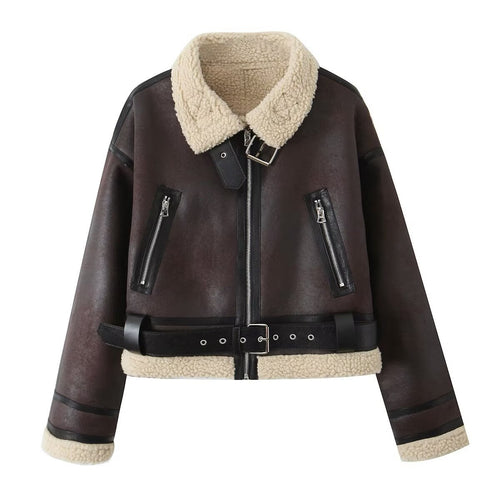 Damen Kurze Aviator‑Jacke aus Lederoptik mit Teddyfutter, Reißverschlusstaschen und Taillengürtel Drune