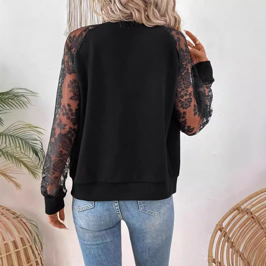 Damen nan leichte Bomberjacke mit floralen Spitzenärmeln und Reißverschluss Drune