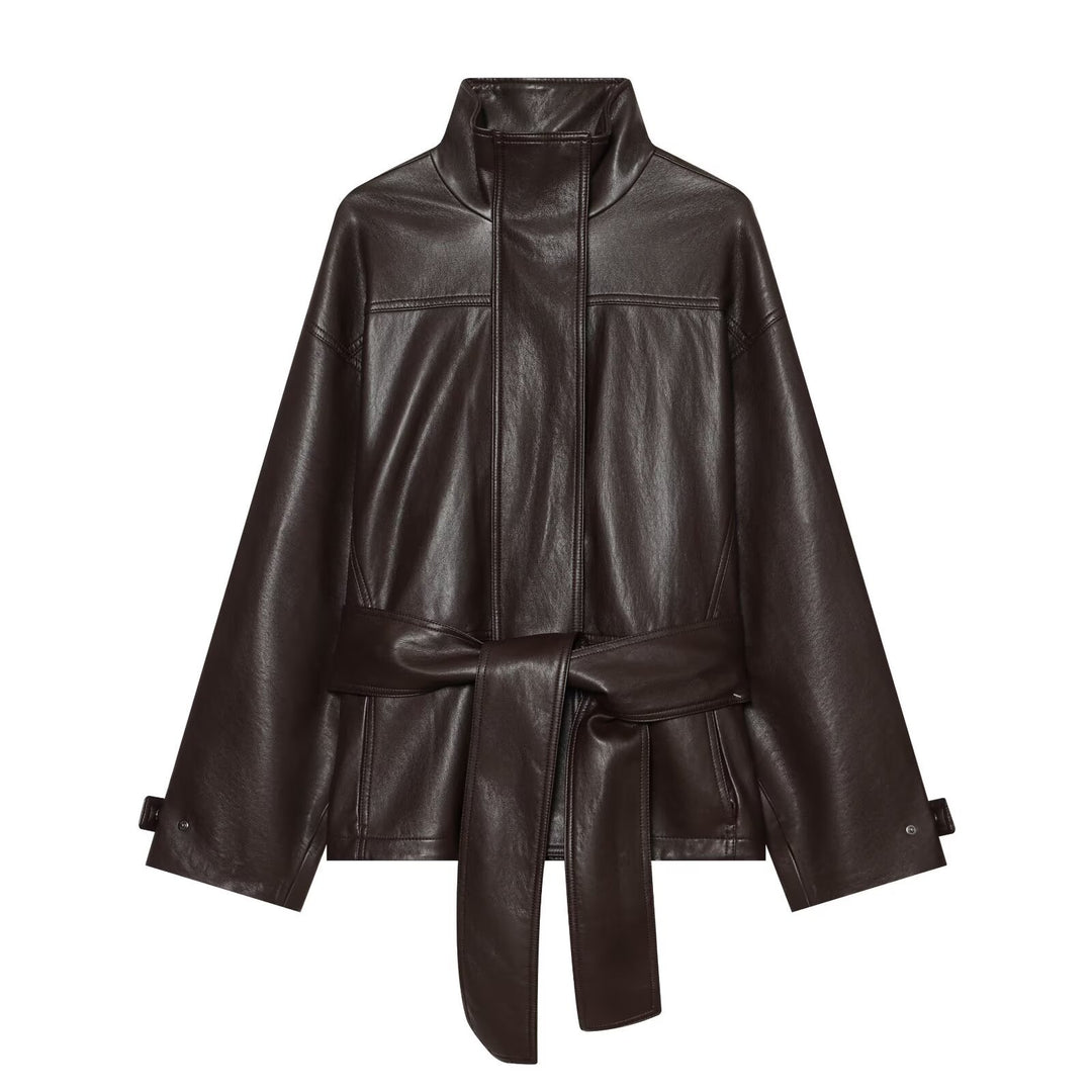 Damen Taillierte Kunstlederjacke mit hohem Stehkragen und Bindegürtel Drune