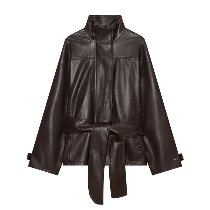 Damen Taillierte Kunstlederjacke mit hohem Stehkragen und Bindegürtel Drune