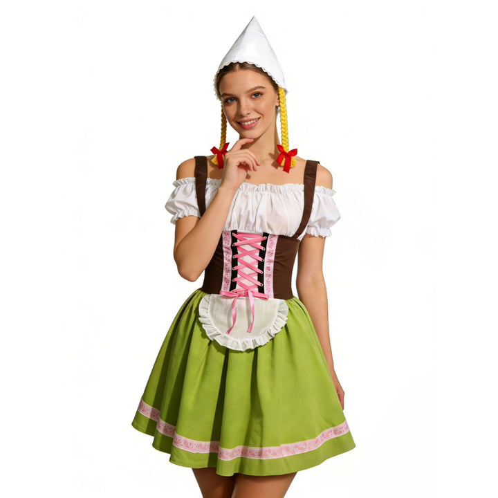 Damen nan bayerisches Oktoberfest-Biermädchen-Kostüm mit geschnürtem Mieder Puffärmeln und mehrlagigem Rock Drune