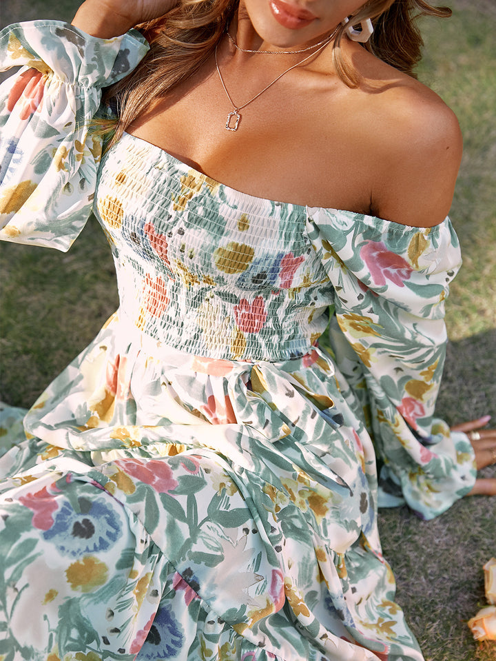 Damen Off-Shoulder Maxikleid mit floralem Print und Rüschendetails Drune