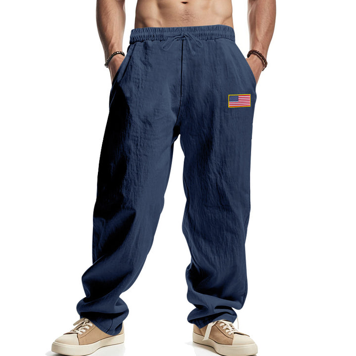 Herren nan lockere Baumwoll-Leinen Freizeithose mit elastischem Bund Kordelzug und dezenter Flaggen-Applikation Drune