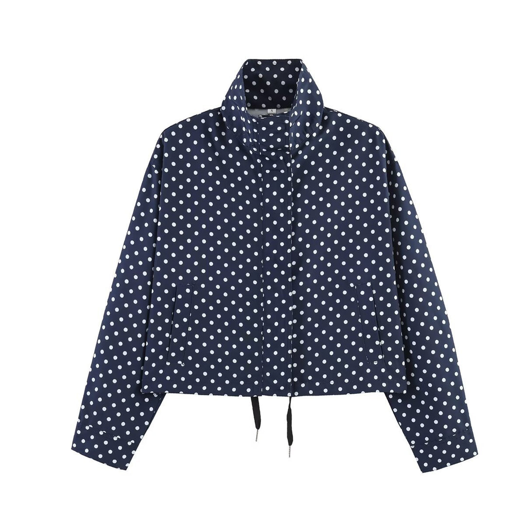 Damen Gepunktete Kurzjacke mit Stehkragen, verdeckter Frontleiste und Kordelzug Drune