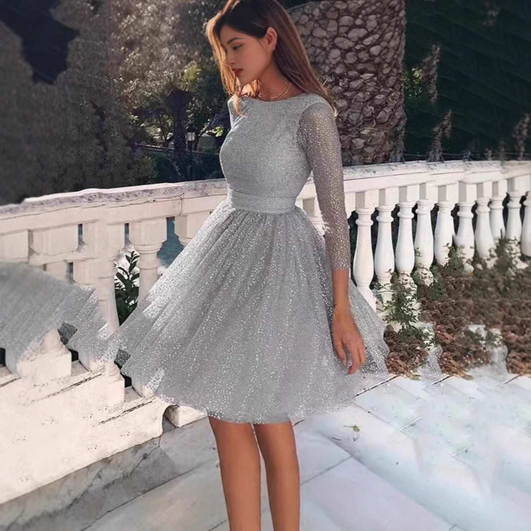 Damen Glitzerndes Tüllkleid mit langen Ärmeln und schwingendem Rock Drune