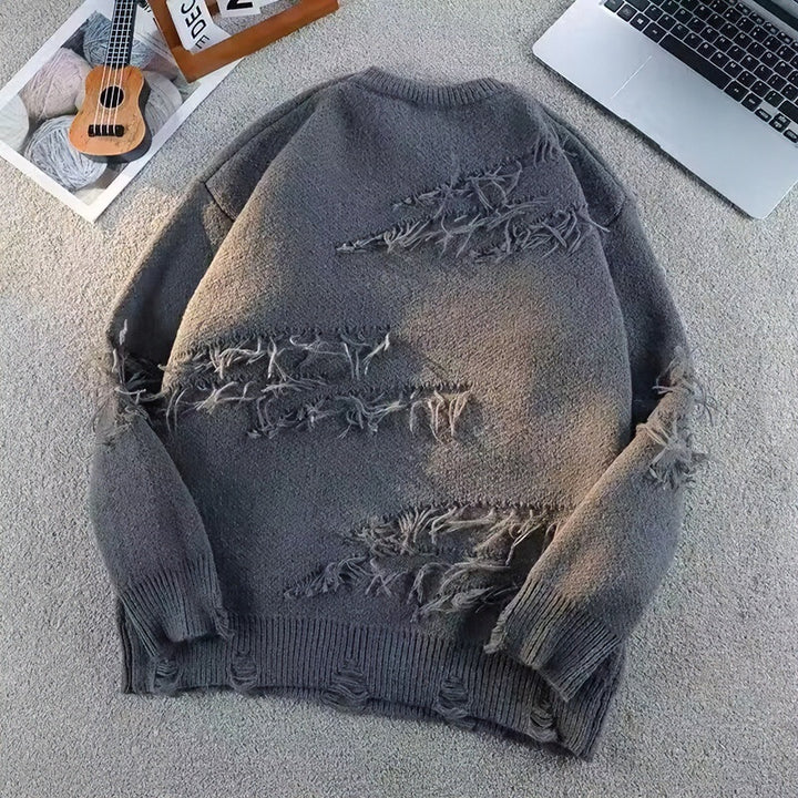 Unisex Oversized Rundhalspullover mit Destroy‑Fransen und geripptem Kragen Drune
