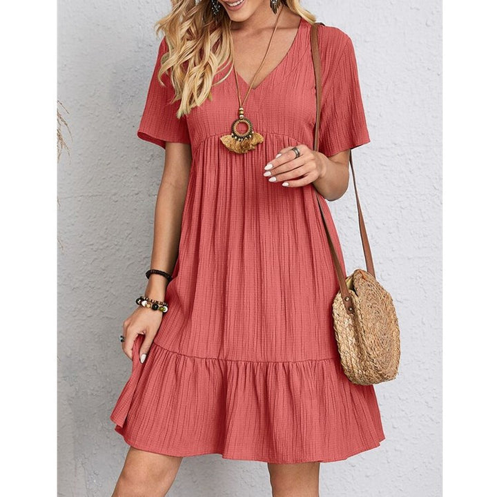 Damen nan Krepp-Kurzkleid mit V-Ausschnitt, geraffter Empirenaht und Volantsaum Drune