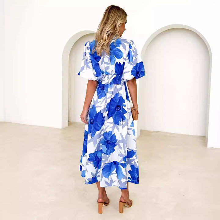 Damen Maxikleid mit voluminösen Puffärmeln und floralem Druck Drune
