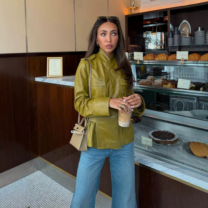 Damen Lederimitat-Utility-Jacke mit Stehkragen, Brustklappen & verdecktem Reißverschluss Drune