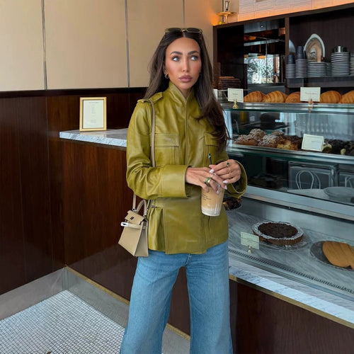 Damen Lederimitat-Utility-Jacke mit Stehkragen, Brustklappen & verdecktem Reißverschluss Drune