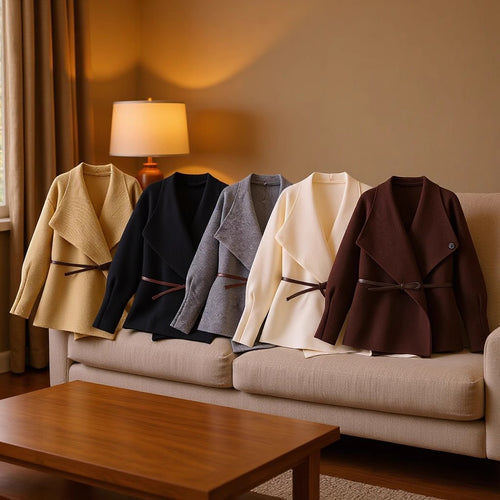 Damen Wickel-Mantel mit Oversize-Schalkragen und Taillengürtel Drune