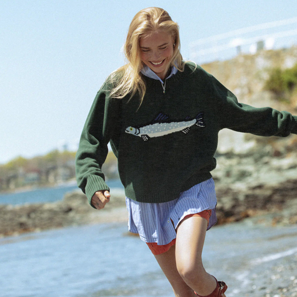 Damen Oversize Strickpullover mit Fisch-Jacquard, Halbkragen und Rippenbündchen Drune