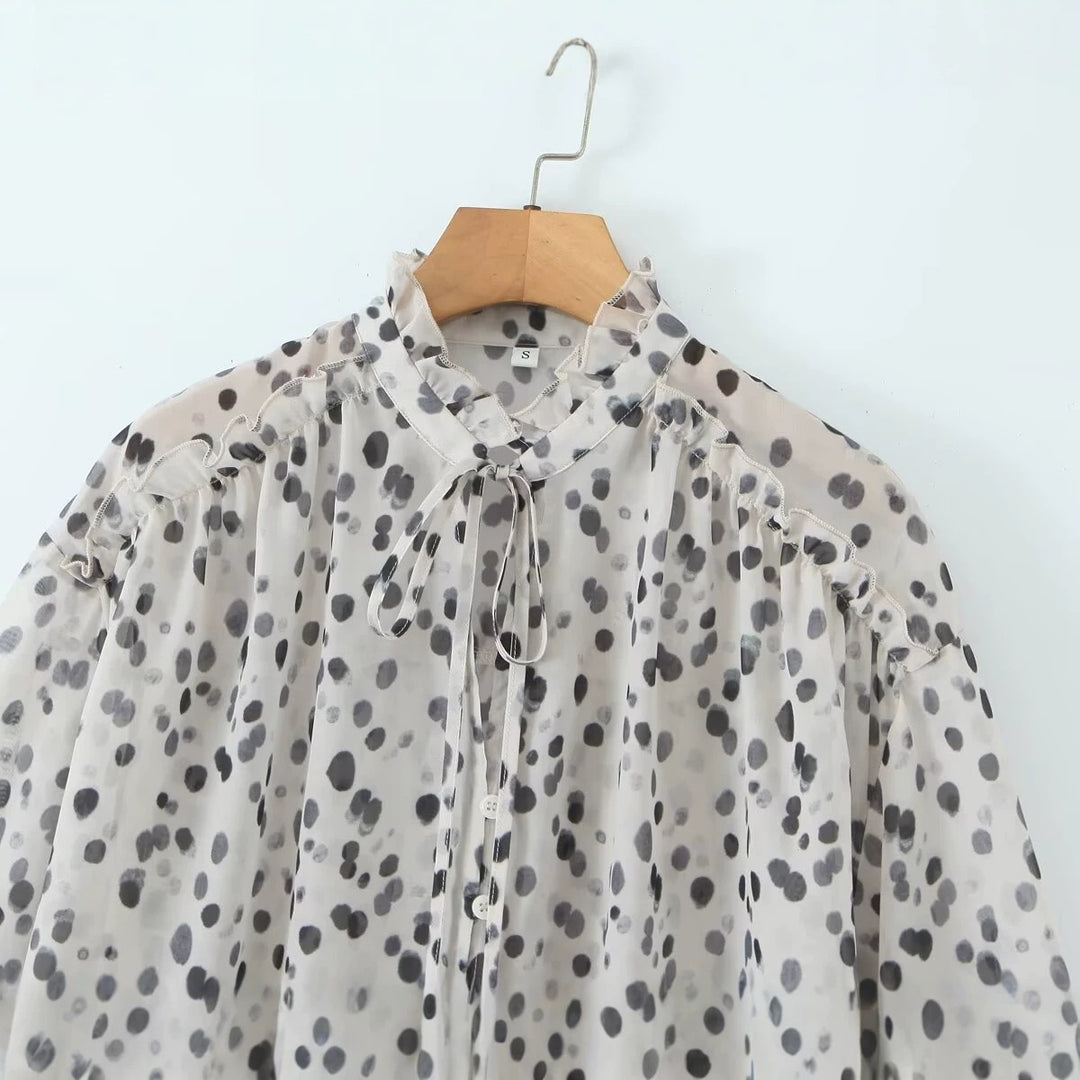 Damen Transparente Chiffonbluse mit Tupfenprint, Stehkragen und voluminösen Rüschenärmeln Drune