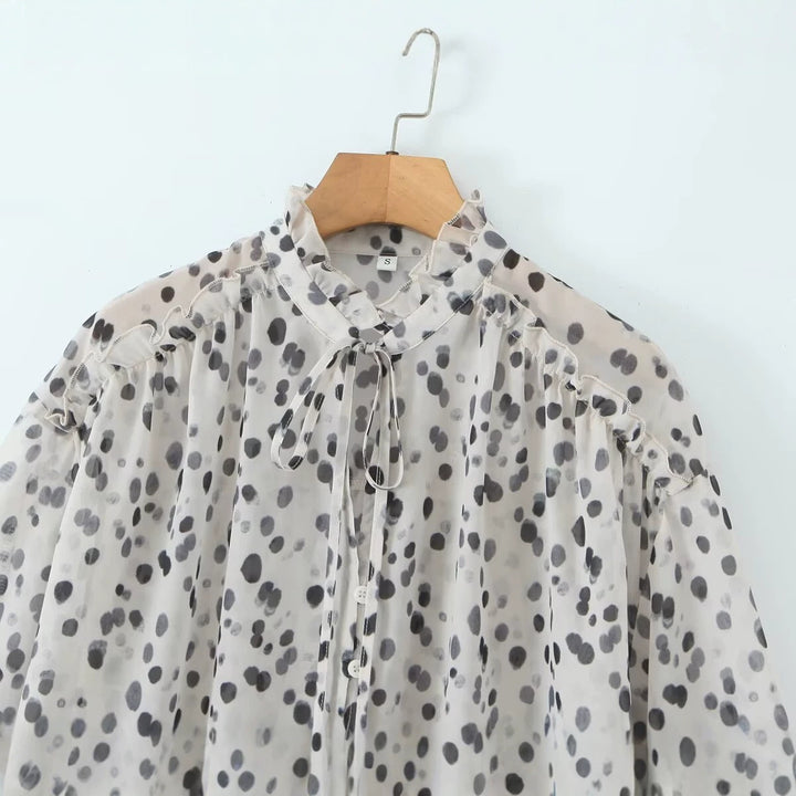 Damen Transparente Chiffonbluse mit Tupfenprint, Stehkragen und voluminösen Rüschenärmeln Drune
