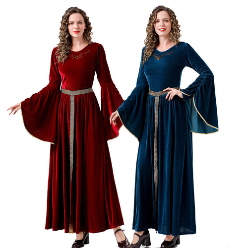 Damen elegantes Samtkleid mit Weitem Ärmel und Ziergürtel Drune