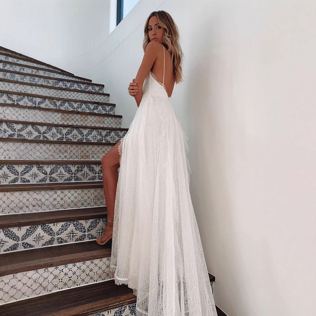Damen Elegantes Spitzenkleid mit tiefem V-Ausschnitt und voluminösem Rock Drune