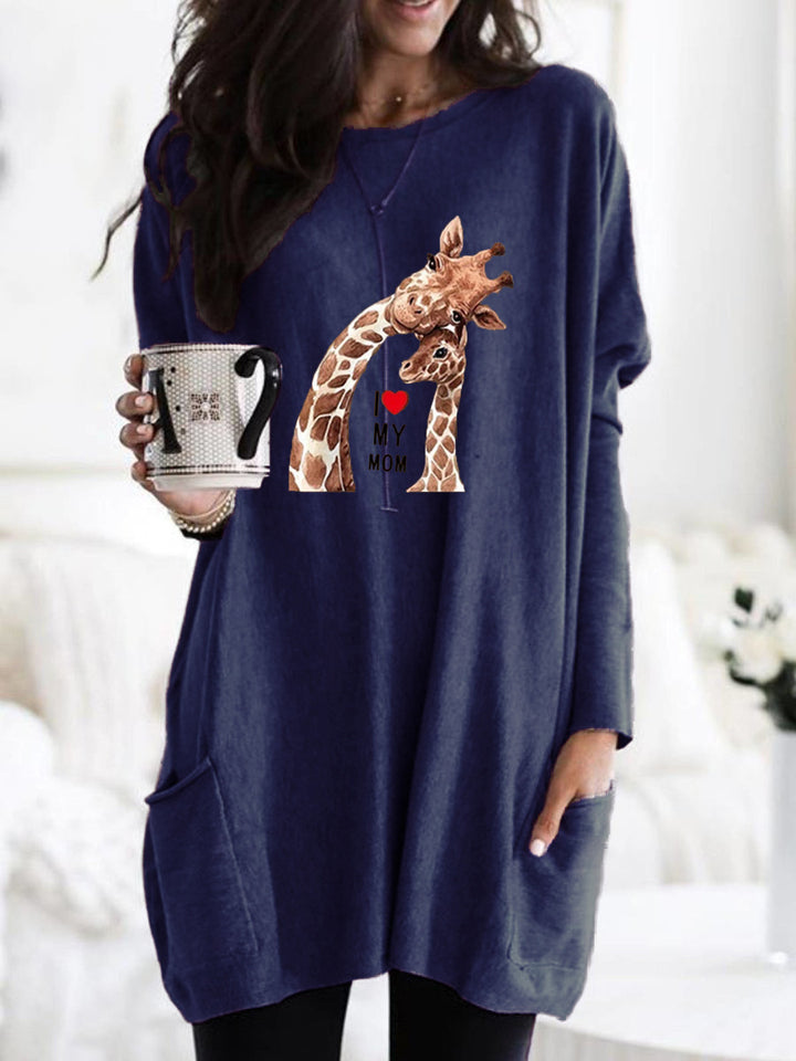 Frauen Übergroße Sweatkleid mit Giraffenmuster, Rundhalsausschnitt und Seitentaschen Drune