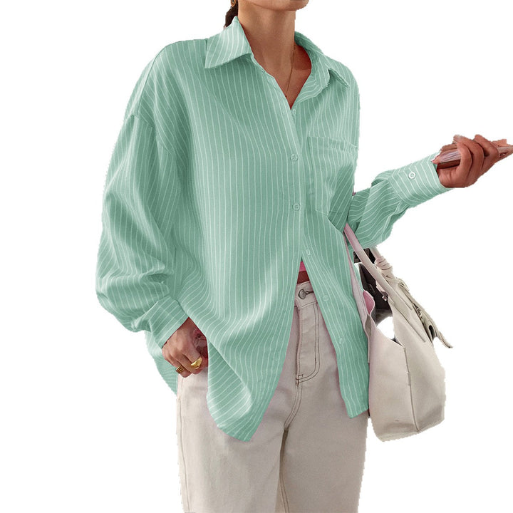 Damen nan locker geschnittene Longbluse mit Kentkragen, Brusttasche und feinem Nadelstreifen Drune