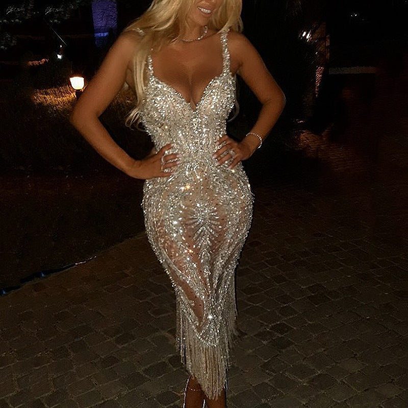 Damen Glamouröses Abendkleid mit funkelnden Pailletten und Fransen Drune