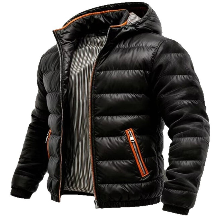Herren Glänzende gesteppte Kapuzenjacke mit Thermo-Polsterung und gestreiftem Innenfutter Drune