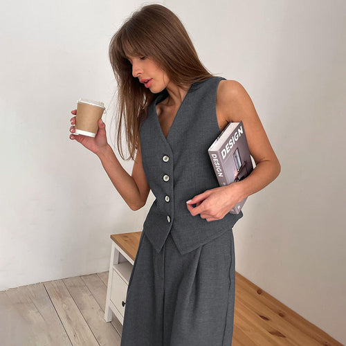 Damen elegantes, tailliertes Anzug-Set mit ärmellosem Blazer und weitem Hosen Drune