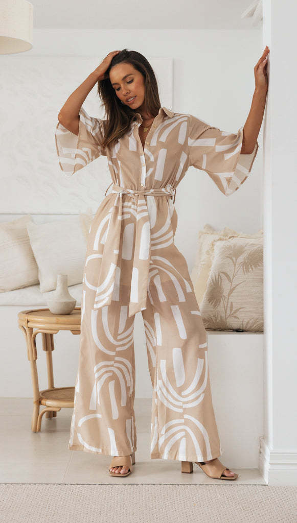 Damen Jumpsuit mit elegantem Bindegürtel und modischem Muster Drune