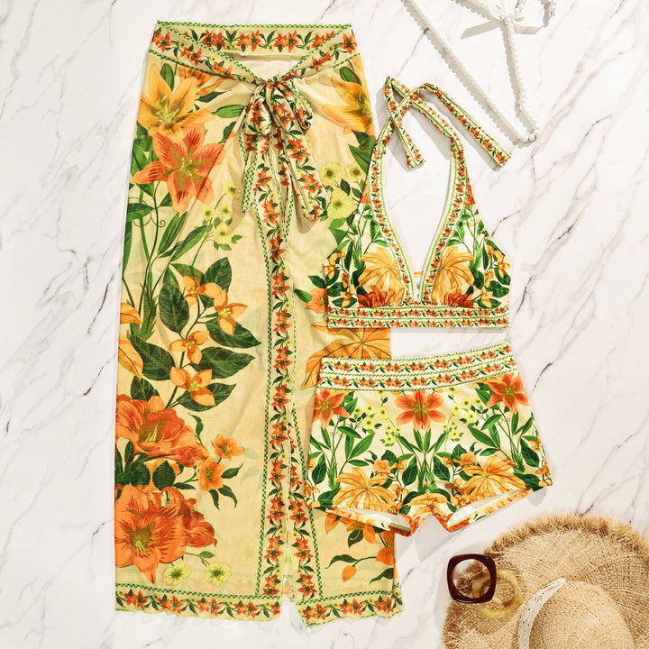 Damen Bikiniset mit floralem langen Überwurf Drune