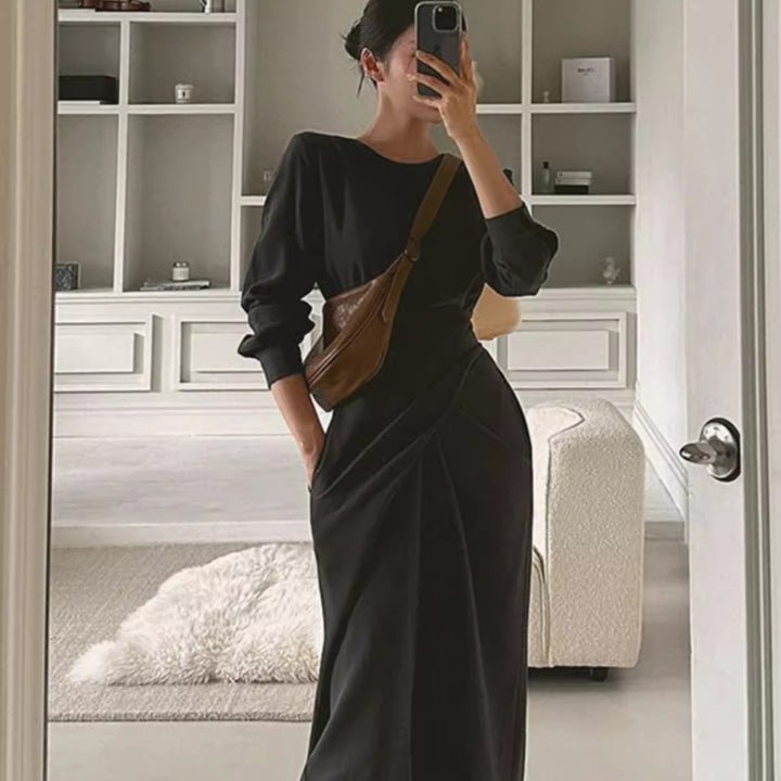 Damen Modernes Longkleid mit überlappender Taillenpasse, verdeckten Eingrifftaschen und kastiger Silhouette Drune
