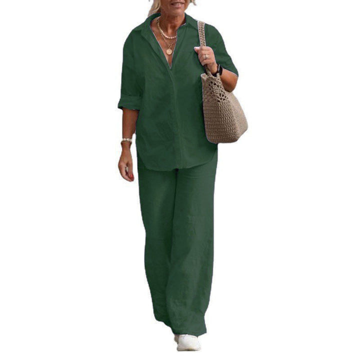 Damen Leichtes Leinen-Optik Zweiteiler mit Oversize-Hemd und weiter Palazzohose Drune