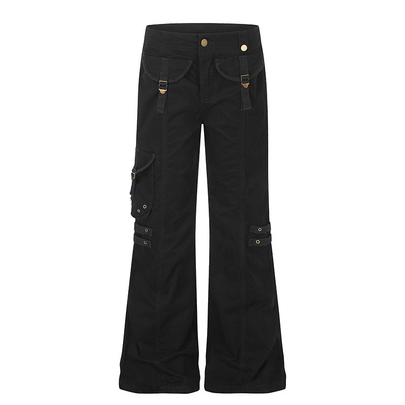 Damen weite High‑Waist Cargo‑Hose mit Utility‑Taschen und Gurt‑Details Drune