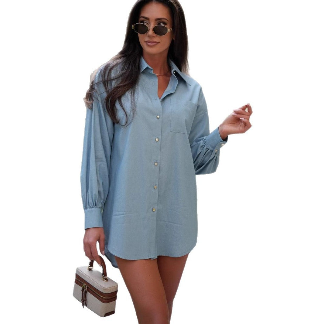 Damen lässige Bluse mit großen Puffärmeln und Knopfleisten Drune