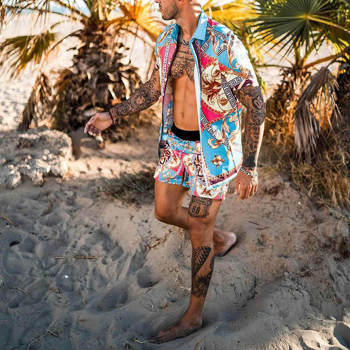 Herren nan barockgemustertes Kurzarm-Hemd mit passender locker geschnittener Shorts Drune