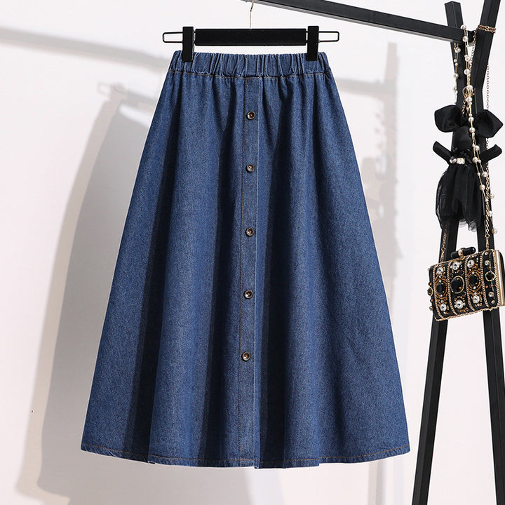 Damen Langer Denim-Rock mit dekorativen Druckknöpfen Drune