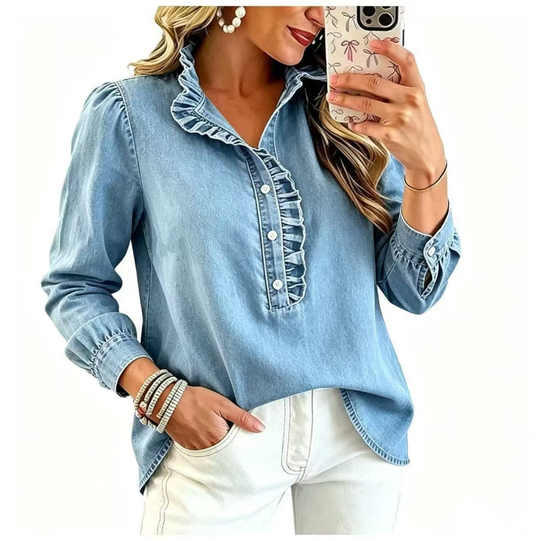 Damen Jeansbluse mit Rüschenkragen und Ballonärmeln Drune