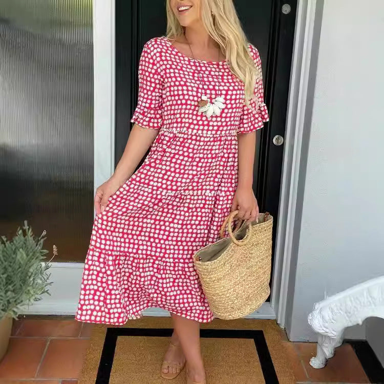 Drune | Sommer Rundhals Bedrucktes Kurzarmkleid