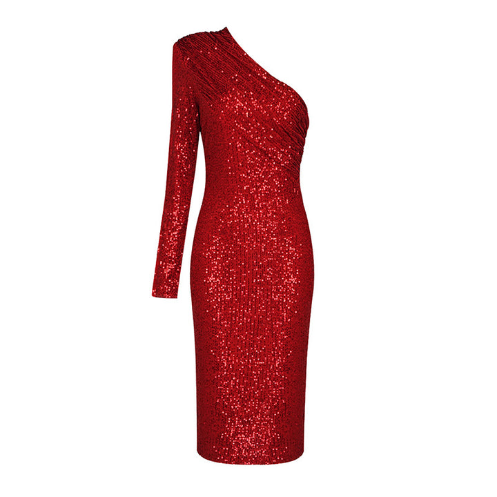 Damen Glitzerndes Etuikleid mit asymmetrischem Ausschnitt und langem Arm Drune