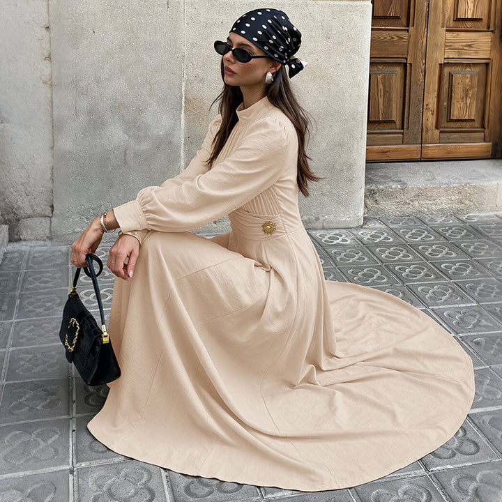 Damen Elegantes Maxikleid mit hochgeschlossenem Kragen und Rüschendetails Drune
