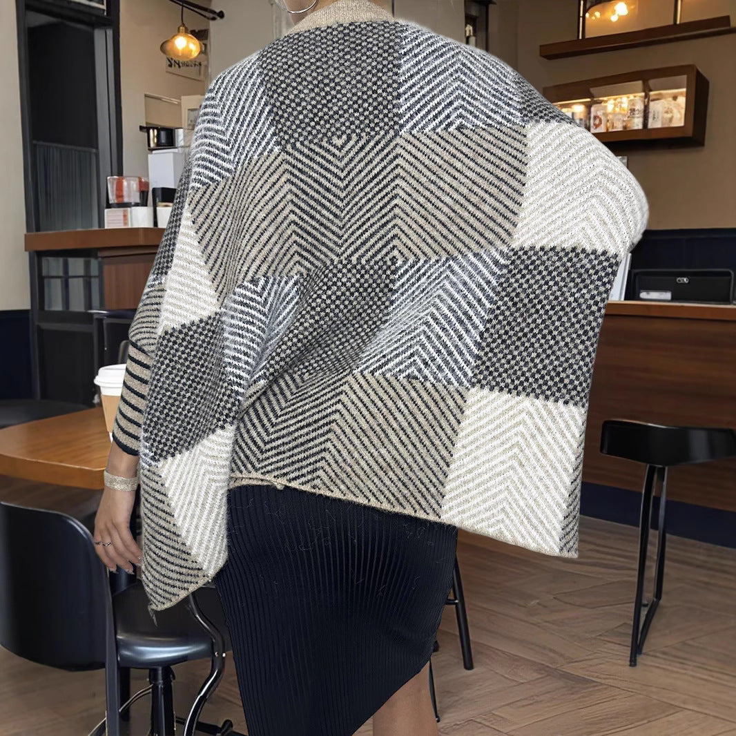 Damen asymmetrischer Strickpullover mit Zickzackmuster Drune