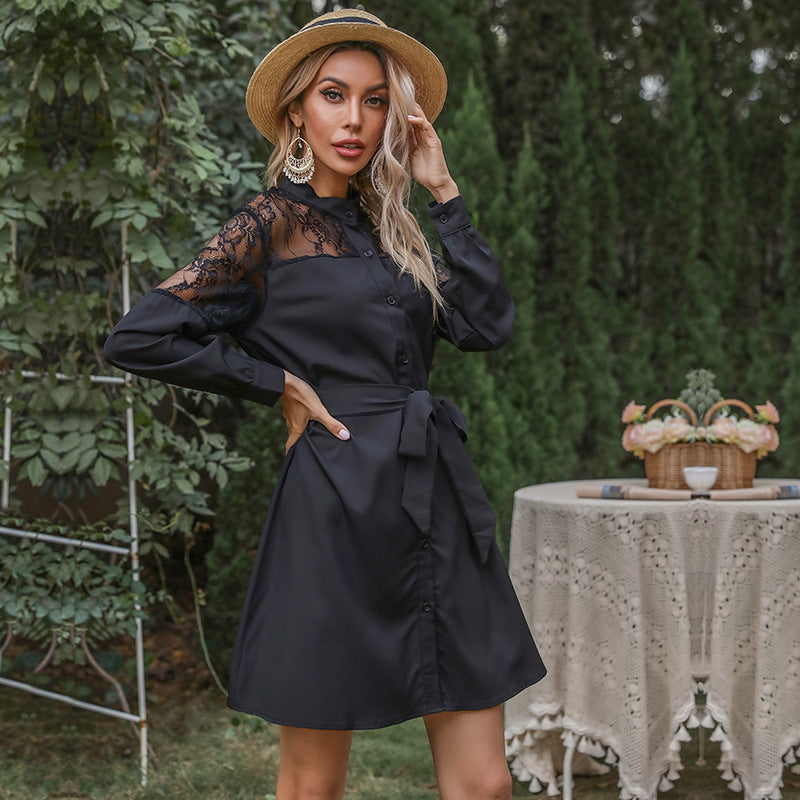 Damen Hemdblusenkleid mit Spitzenpassé, Taillengürtel und A-Linien-Schnitt Drune