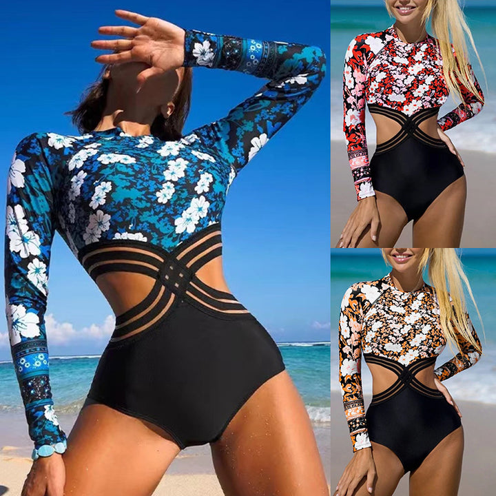 Damen Sportlicher Langarm-Badeanzug mit floralem Design Drune