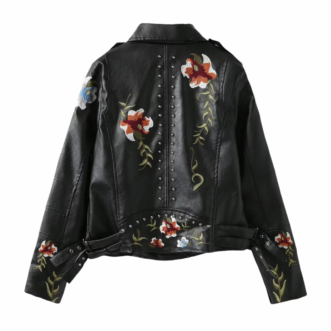 Damen kunstleder Bikerjacke mit floralem Stickdesign und Nietenverzierungen Drune