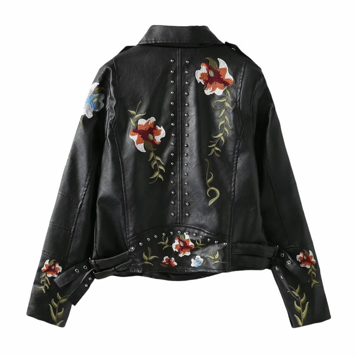 Damen kunstleder Bikerjacke mit floralem Stickdesign und Nietenverzierungen Drune